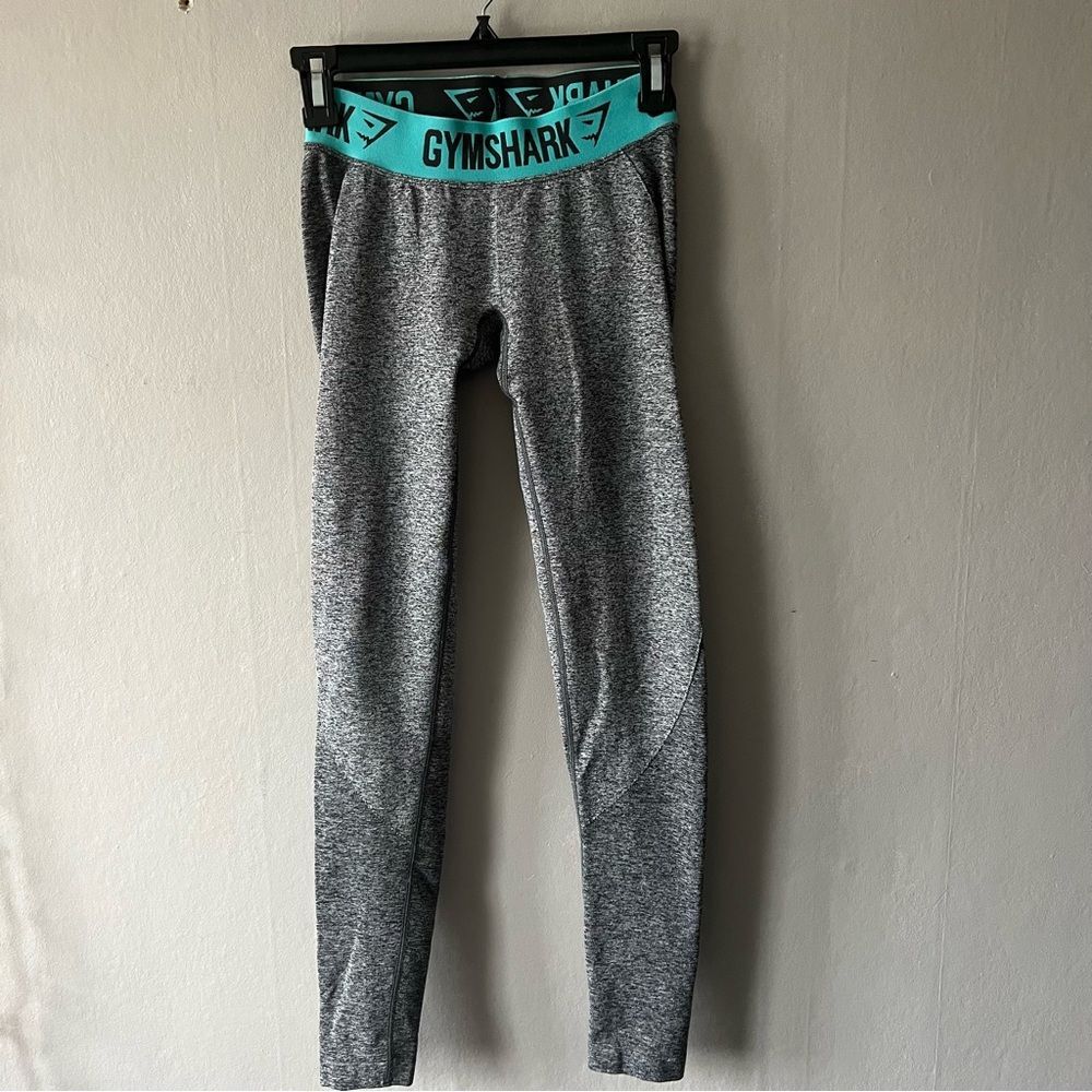 Gymshark Women's Gray Marl Compression Flex Leggings Teal Logo Waistband Size S